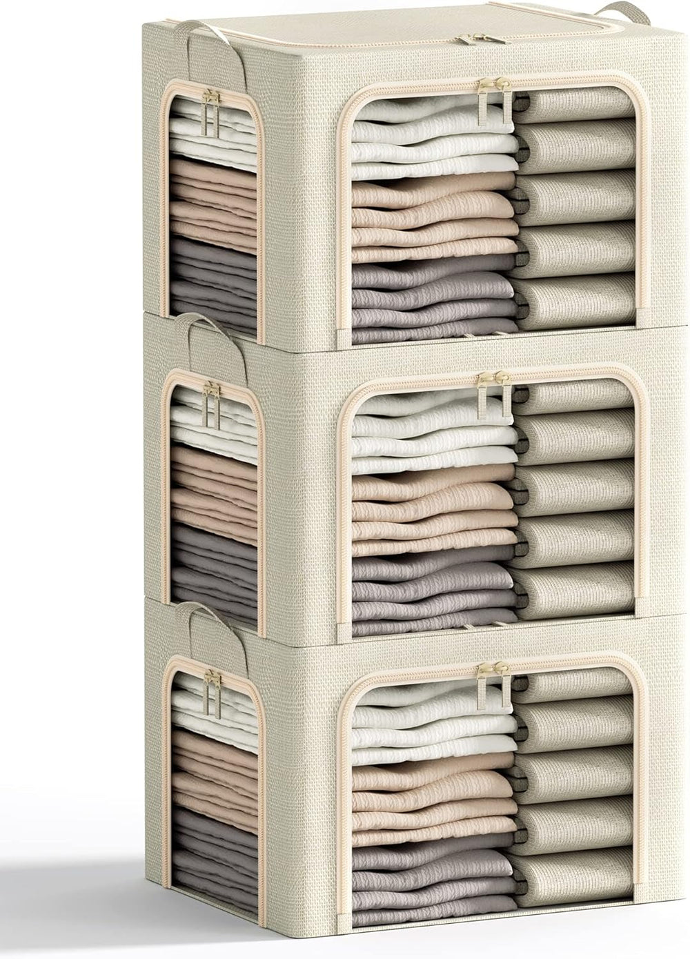3 Openings Clothes Storage Bins with Metal Frame, Foldable Storage Bin for Cl...