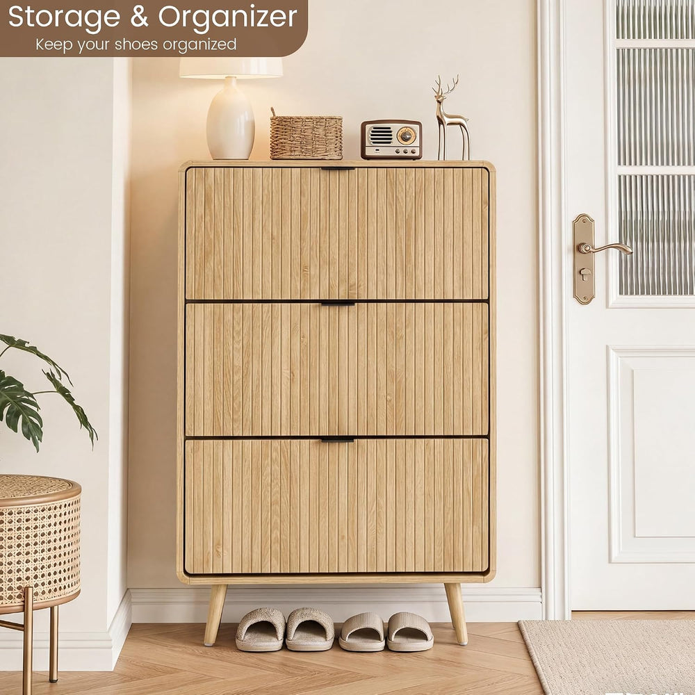 FurSch Fluted Shoe Storage Cabinet with 3 Flip Drawers, Narrow Shoe Rack Cabi...