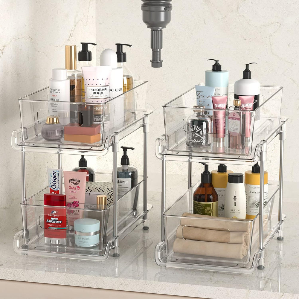 HIHEGD 2-Tier Bathroom Organizer with Dividers, Clear Under Sink and Pull-Out...