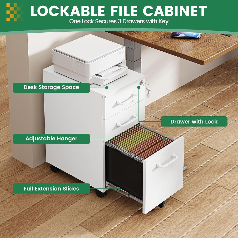 3 Drawer Slim File Cabinet, Mobile File Cabinet with Lock for Home Office, Ro...