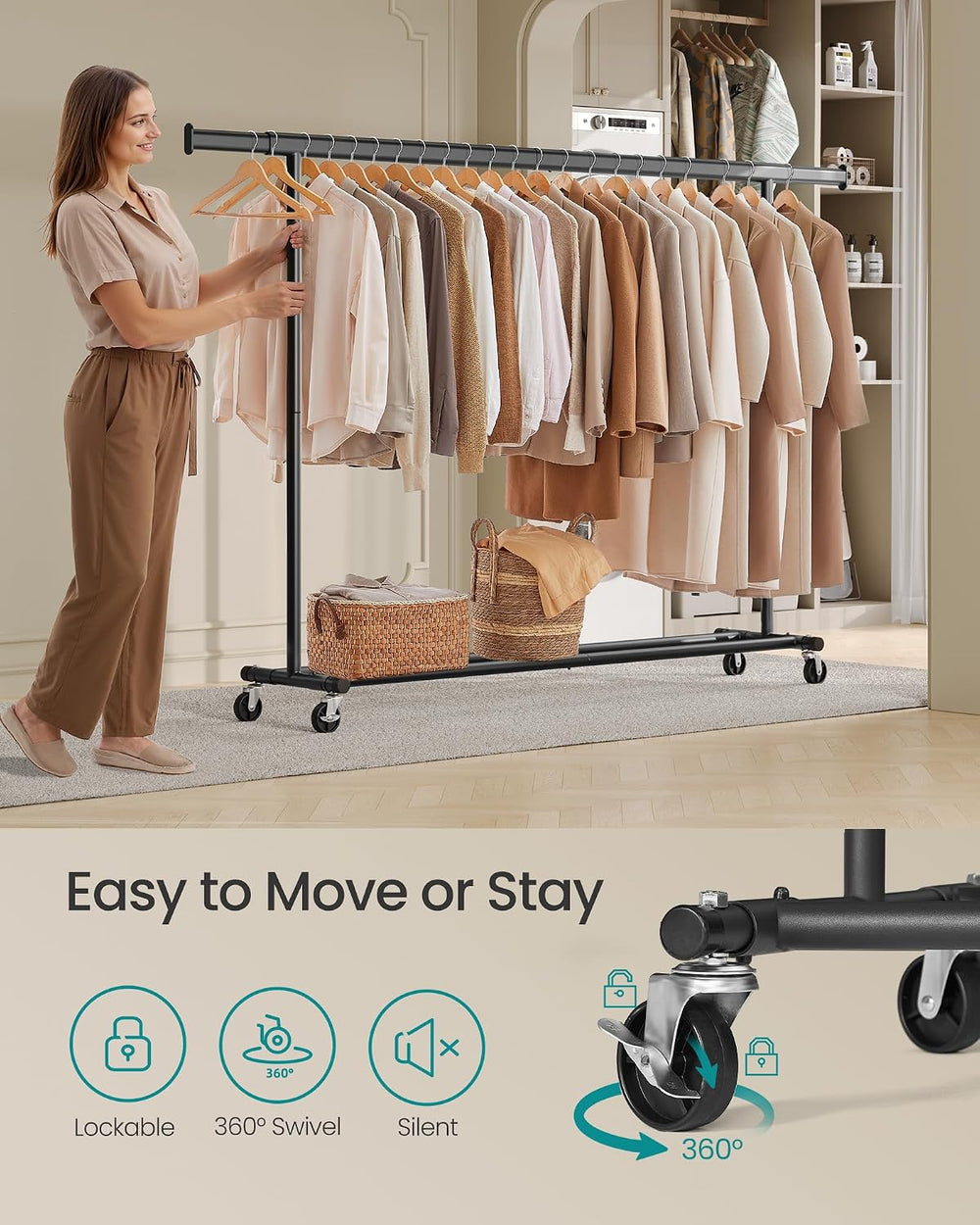 SONGMICS Clothes Rack with Wheels, Heavy-Duty, 330 lb Load Capacity
