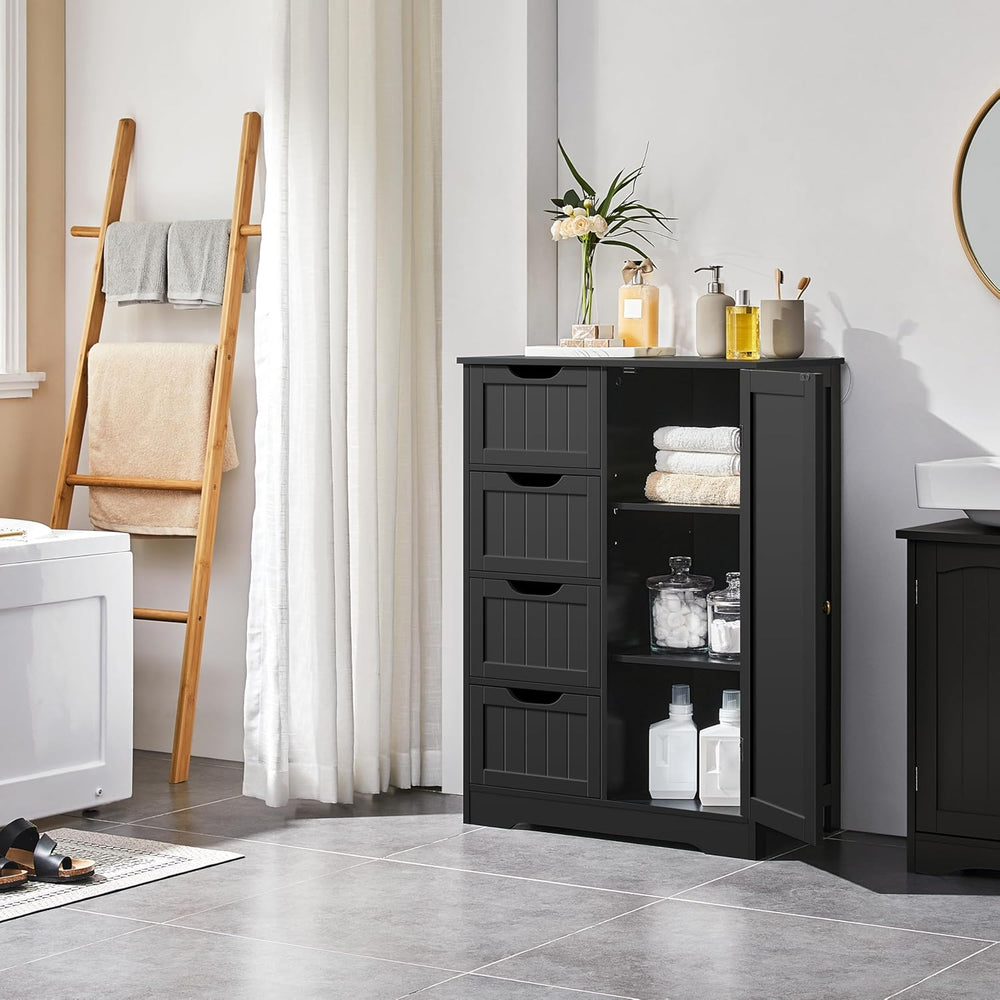Yaheetech Bathroom Storage Cabinet with 4 Beadboard Drawers and Door, Black