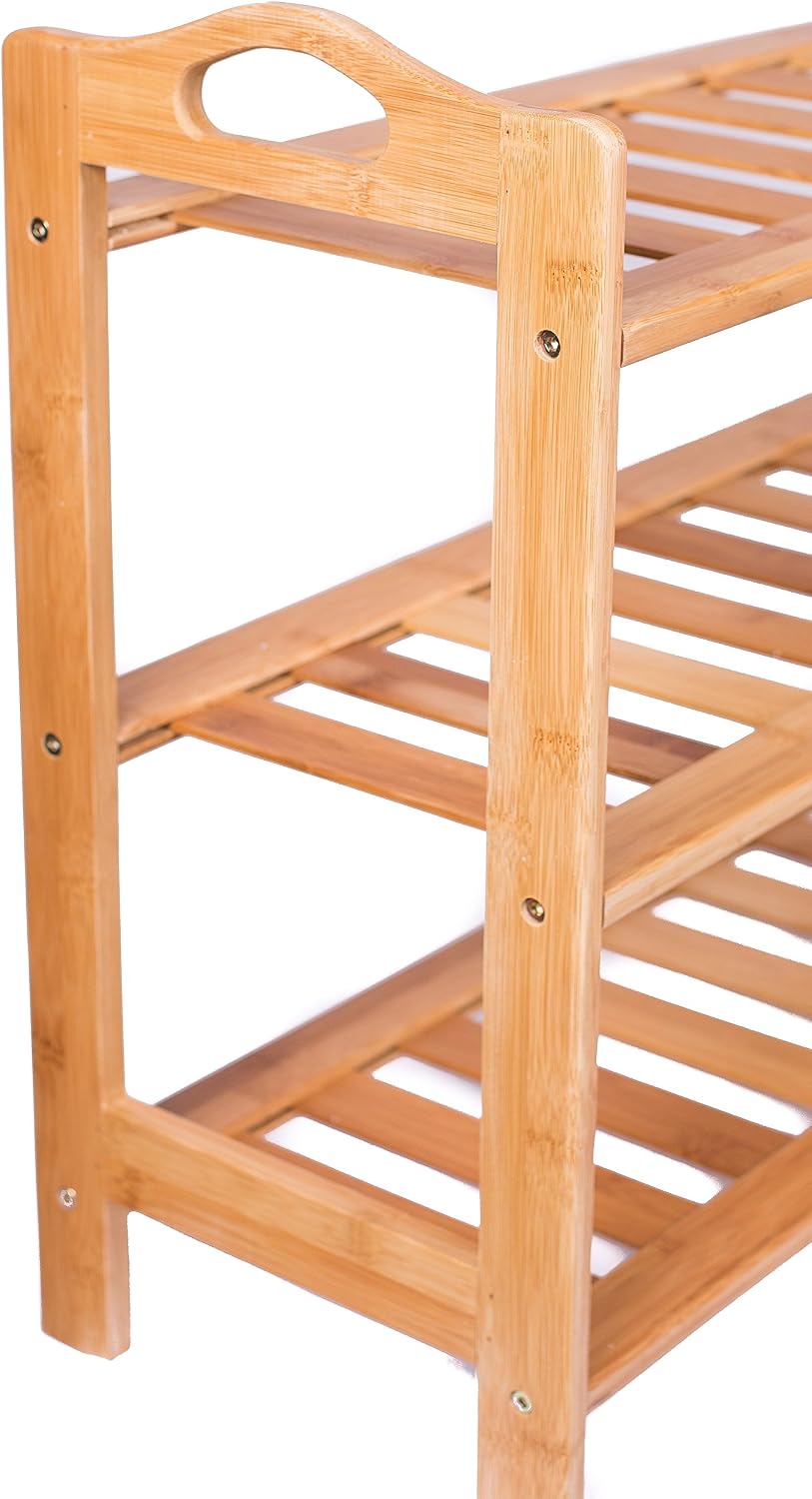 BIRDROCK HOME 3 Tier Free Standing Shoe Rack with Handles | Bamboo | Wood | C...