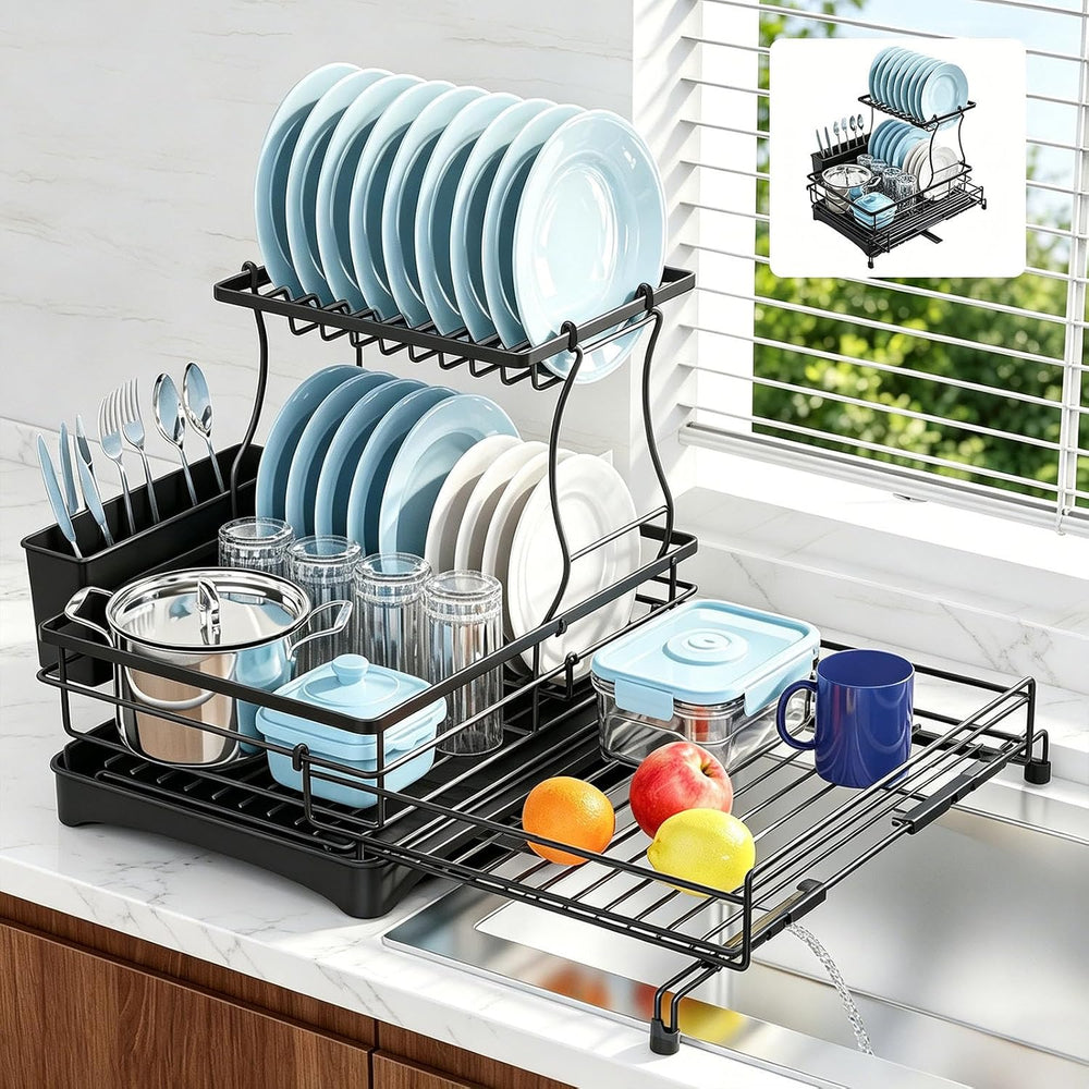 2 Tier Dish Drying Rack, Large Extendable Dish Racks for Kitchen Counter , Di...