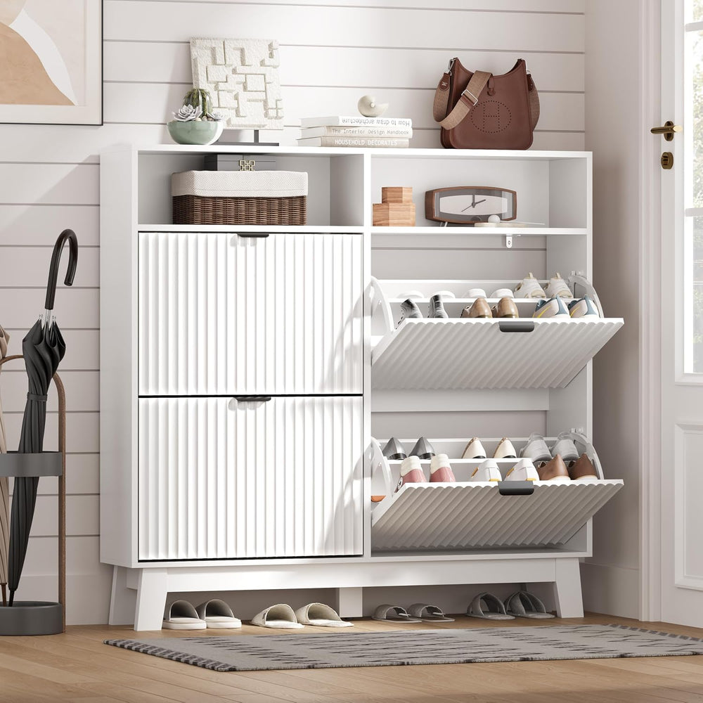 Shoe Cabinet Storage for Entryway with 4 Flip Drawers, Fluted Narrow Shoe Org...