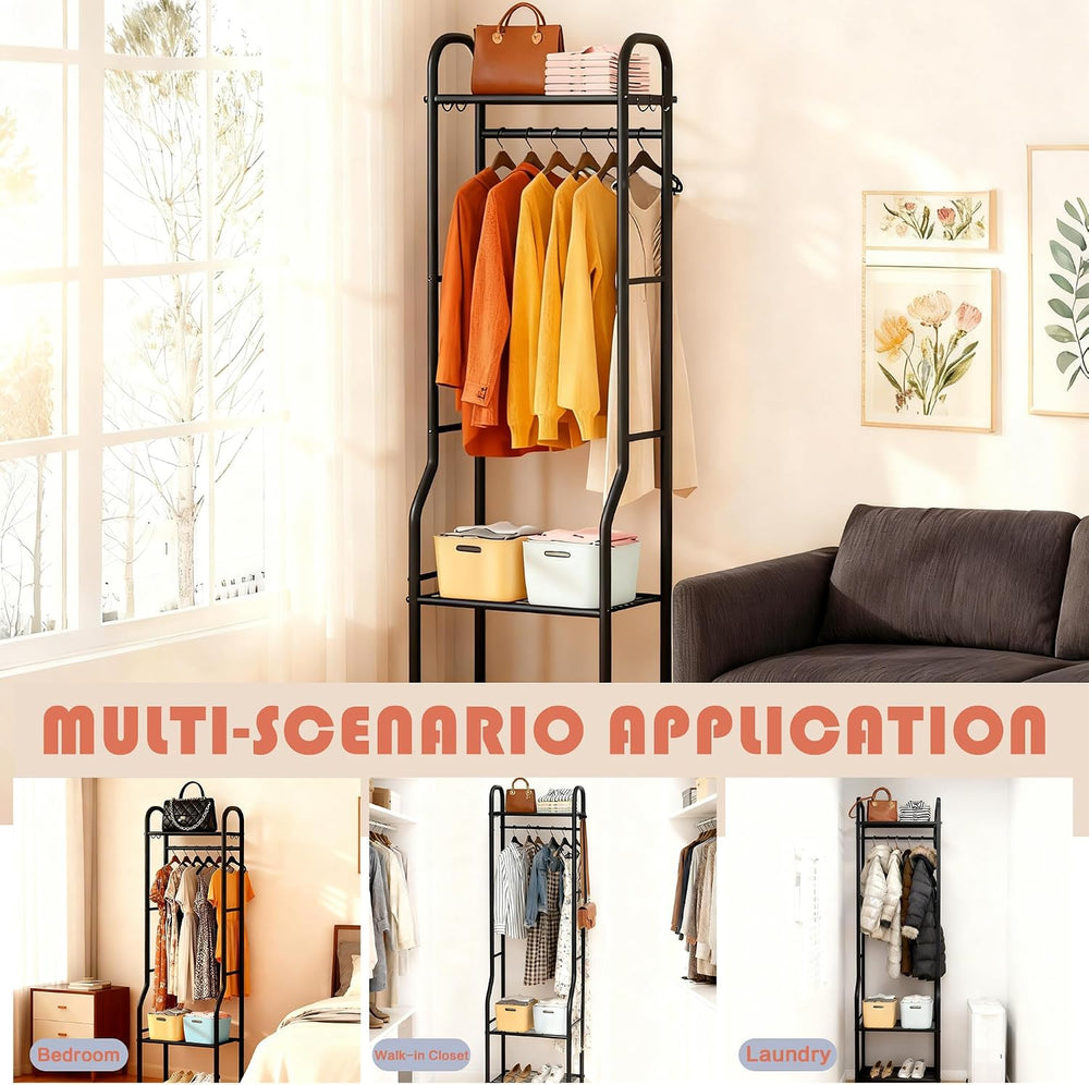 GloTika Narrow Clothes Rack with 3 Metal Shelves, 72" Tall, Black