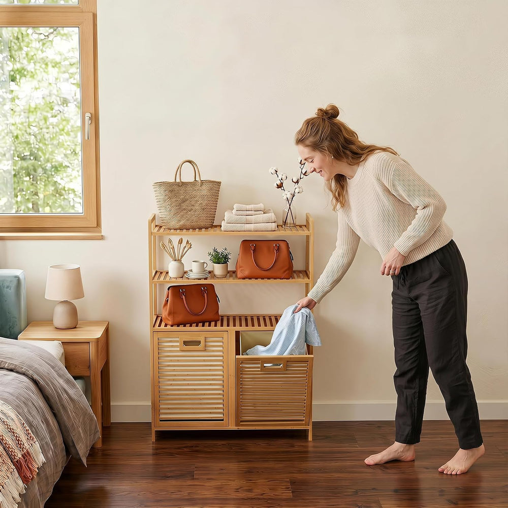 GOFLAME Bamboo Double Tilt Out Laundry Hamper Cabinet with Shelves