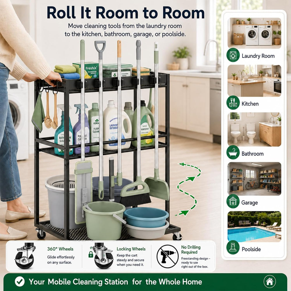 Cleaning Supplies Organizer Cart with Wheels, Broom and Mop Holder with 5 Gri...