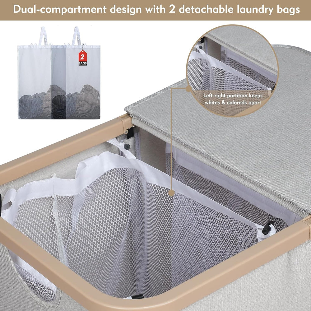 DOKEHOM 160L Double Laundry Basket Hamper with Lid & Removable Bags, Grey