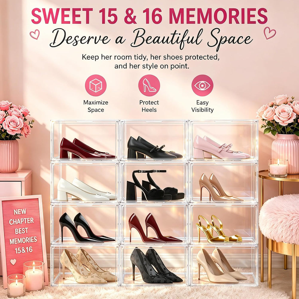 12 Pack Low Profile Clear Shoe Storage Box for Flats,Loafers,Heels