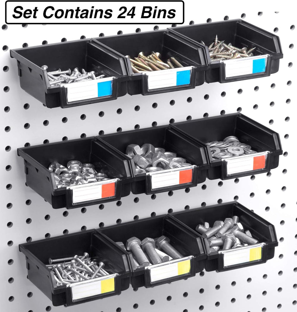Pegboard Bins 24 Pack, Black - Hooks to Any Peg Board - Organize Hardware, Ac...