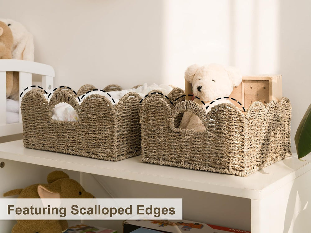 StorageWorks Scalloped Wicker Basket, Hand-woven Rattan Baskets with Built-in...
