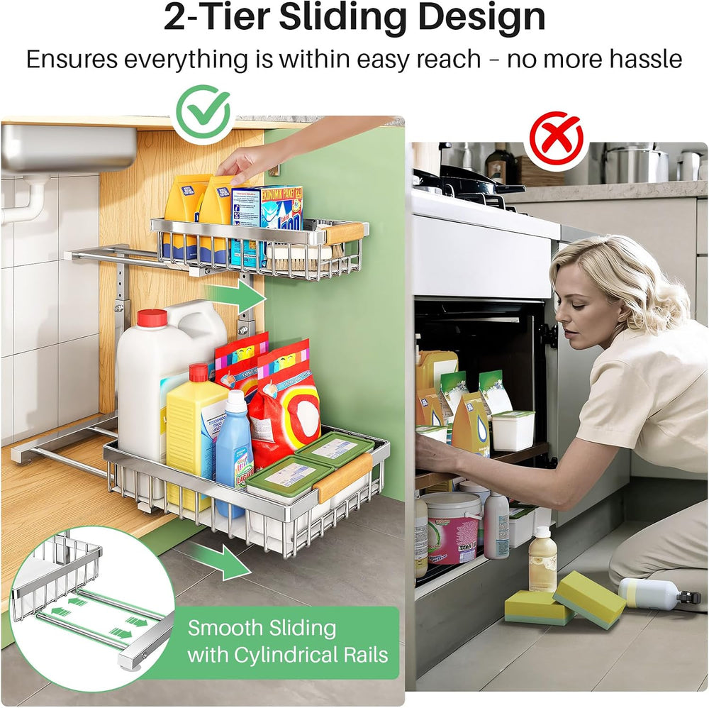 Kitstorack Under Sink Organizer, 2 Tier Under the Sink Storage, Slide out Pul...
