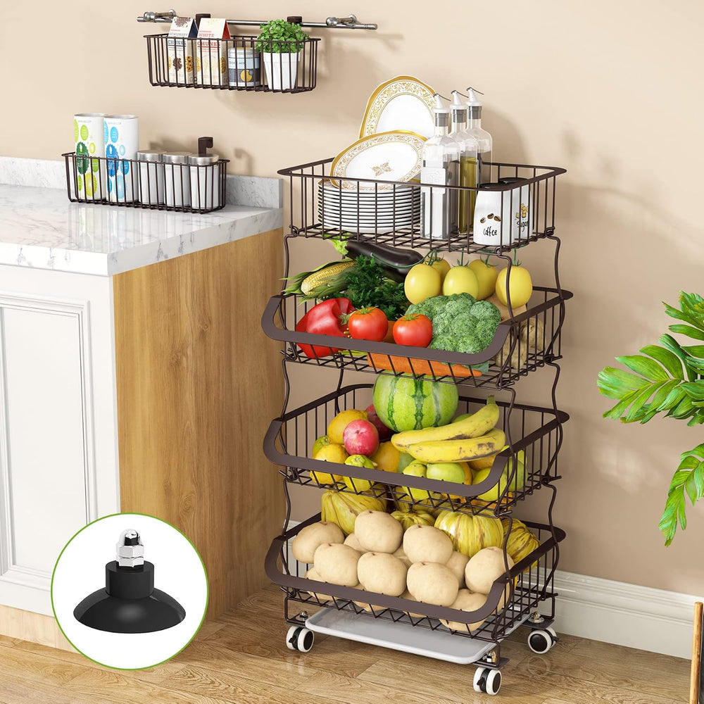 1Easylife Fruit Vegetable Basket, 4 Tier Stackable Metal Wire Basket Cart wit...