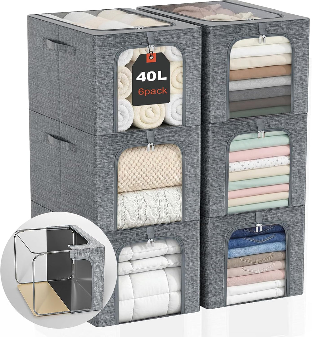 GoMaihe Clothes Storage Bins with Metal Frame for Closet, 40L 6-Pack Grey