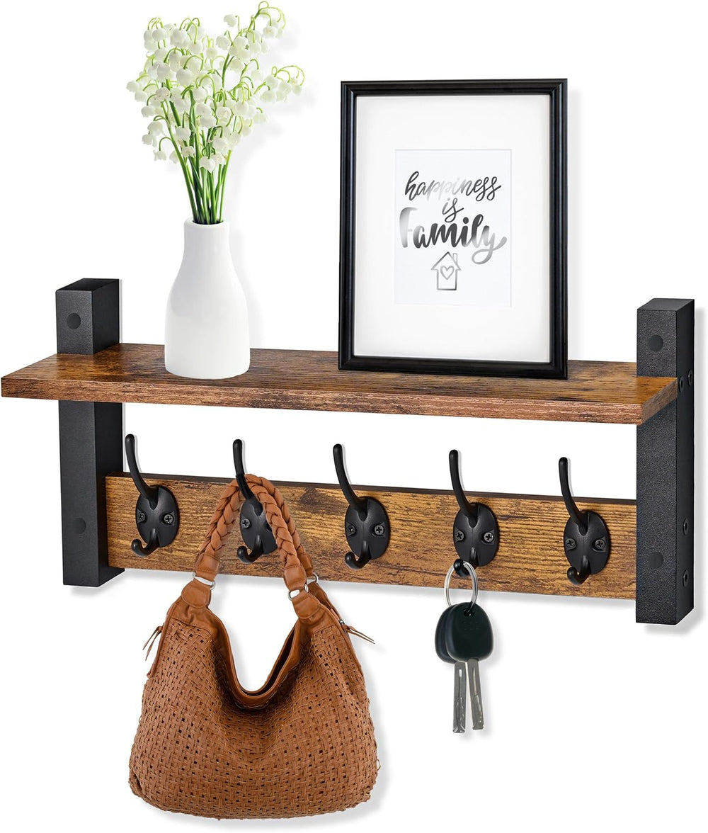Sorbus Coat Rack Wall Mount with Shelf (Rustic Brown, 16 Inch)