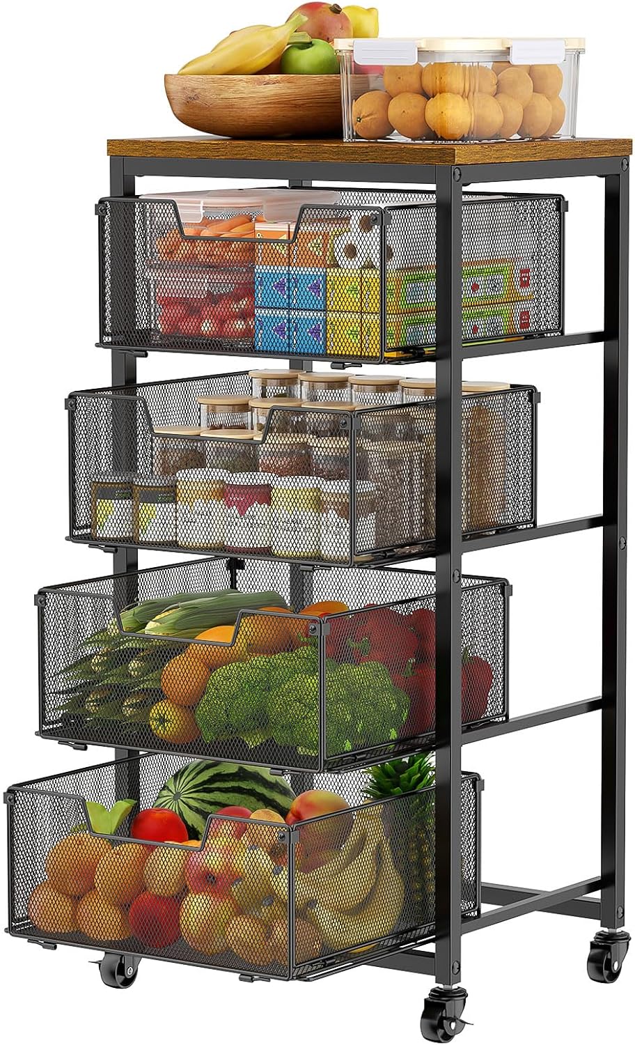 Kitchen Rolling Cart with Drawers, 4-Tier Fruit Vegetable Storage Cart on Whe...