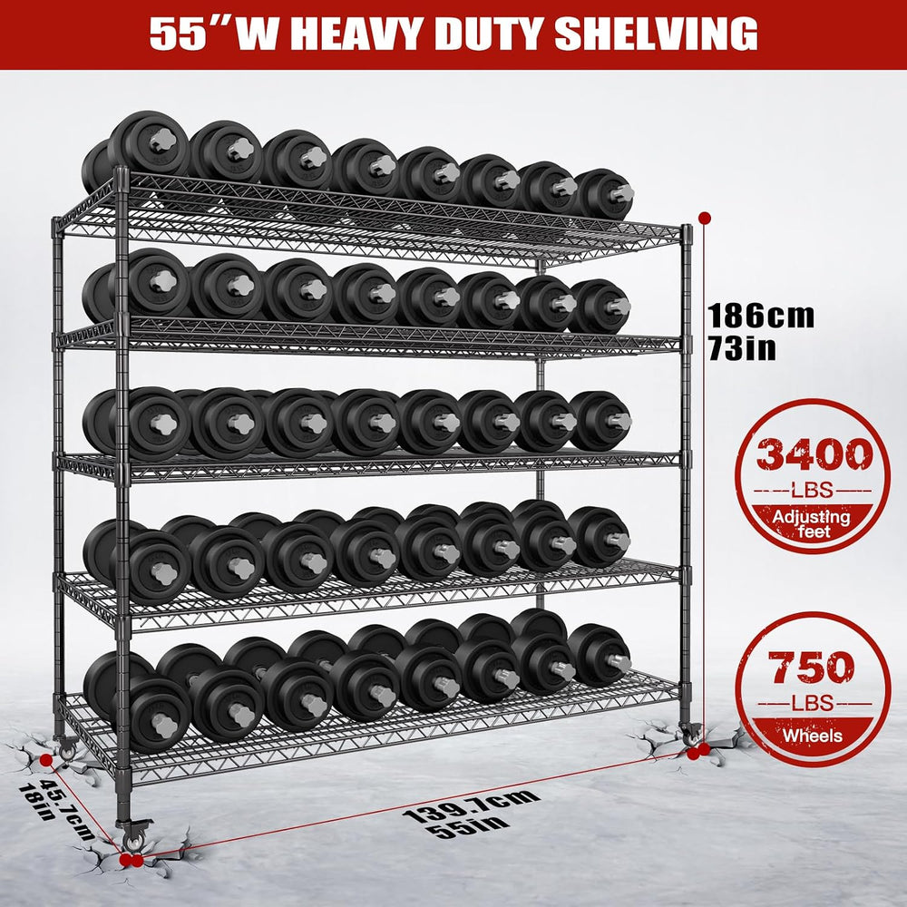 5 Tier Wire Shelving 3 Pack | 55”W Storage Shelves Heavy Duty | Rolling Wire ...