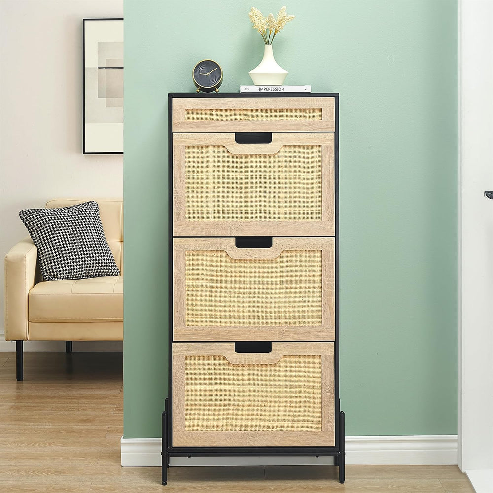 GAOMON Natural Rattan 3 Flip Door with 1 Drawer Shoe Rack Storage Cabinet, Sh...