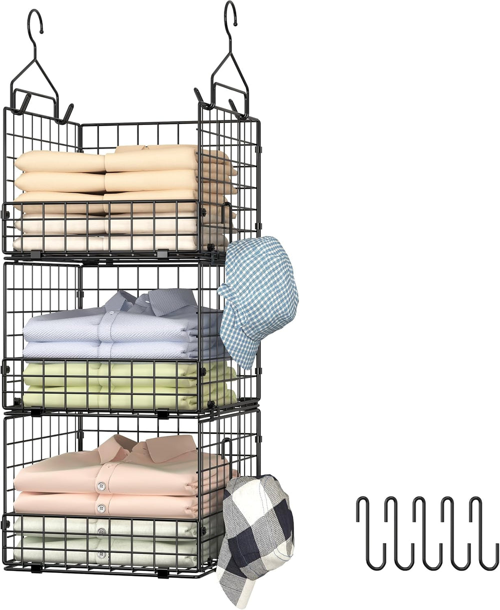 Sonyabecca 3-Tier Closet Organizers and Storage, Foldable Stackable Wire Bask...