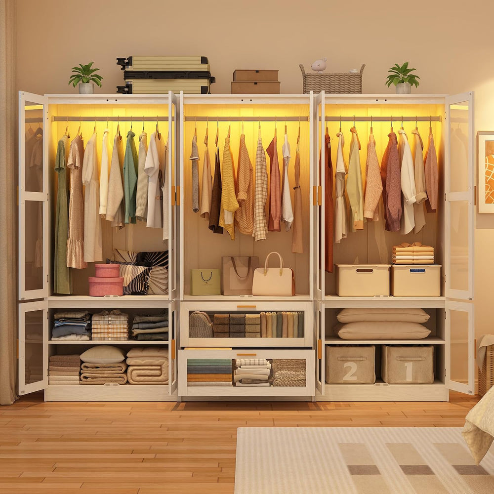 6 Doors Armoire Wardrobe Closet with LED and Mirror,71" H Freestanding W...