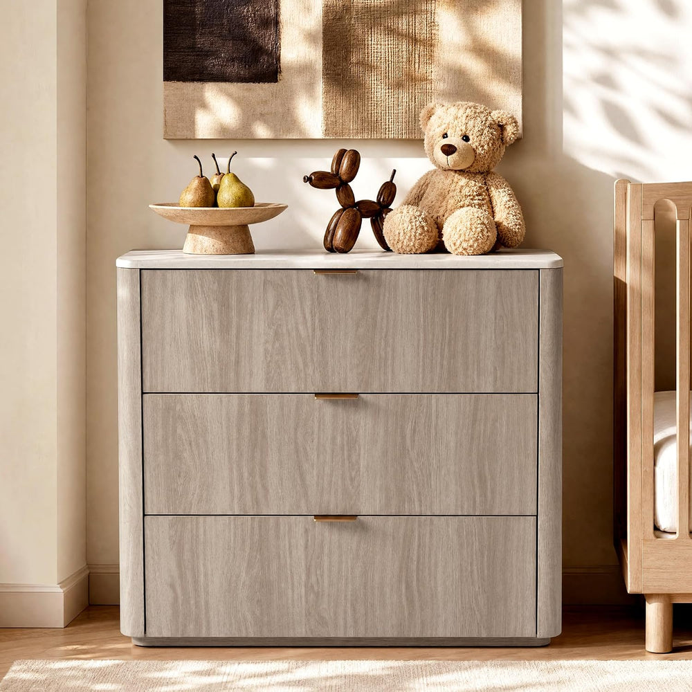 ModernMate 3 Drawer Dresser with Curved Profile & Faux Travertine Texture...
