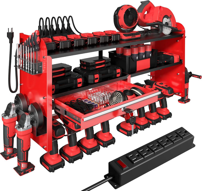 KSVO Power Tool Organizer Wall Mount, Locking Drawers, Charging Shelf, Red