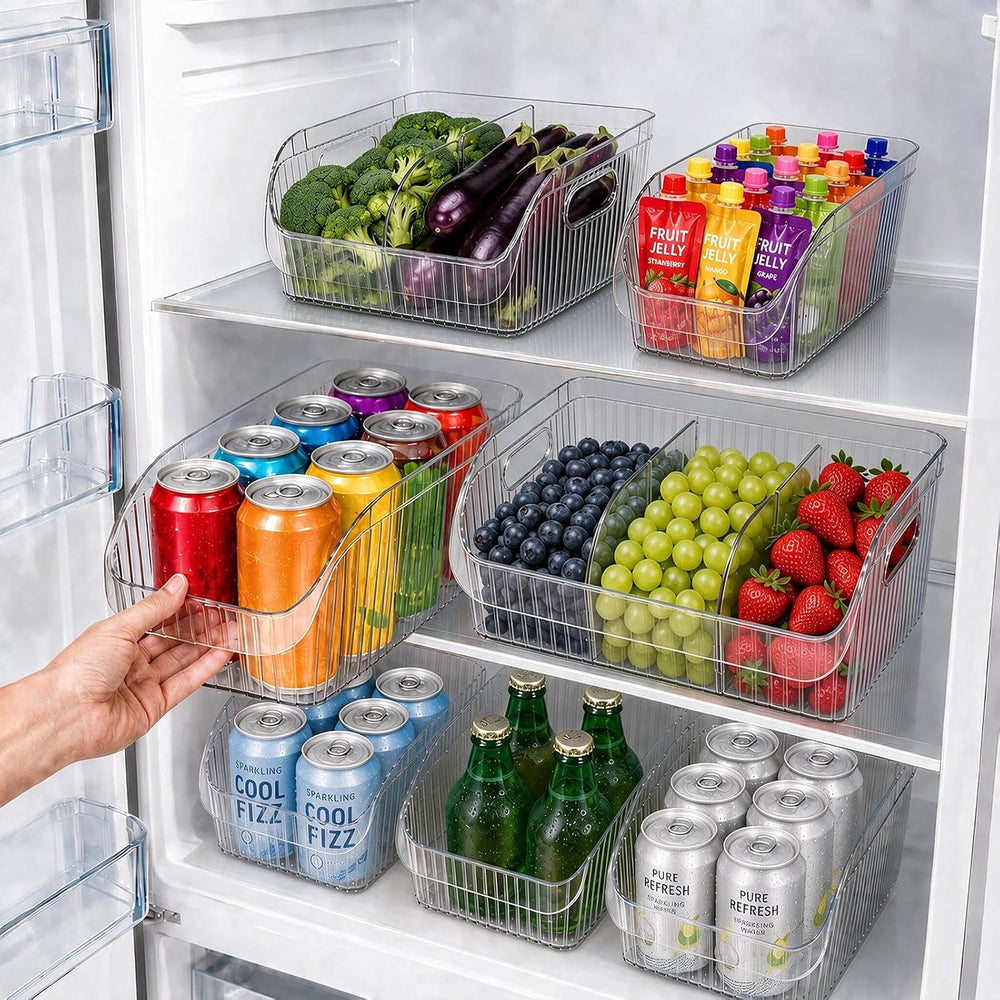 3 Pack Adjustable Dividers Storage Bins, Clear Pantry Organizers Boxes Set
