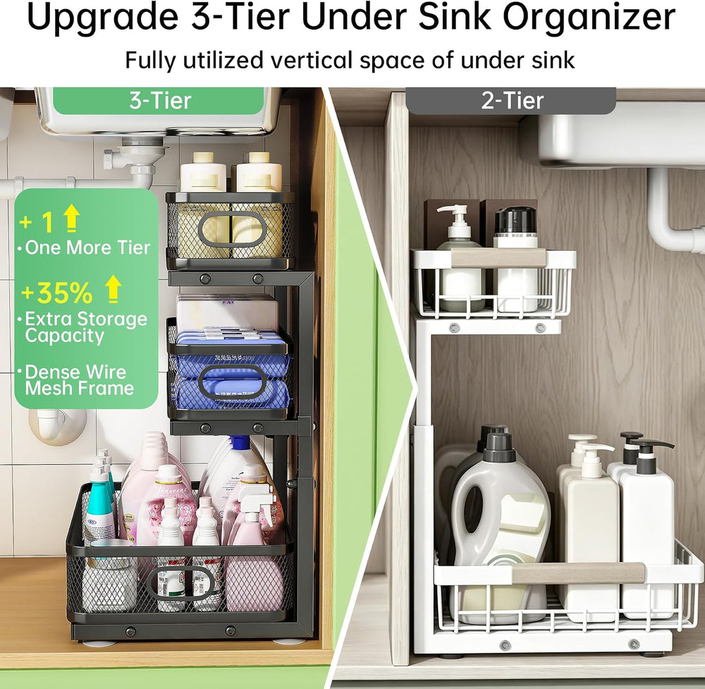 2-Pack 3-Tier Under Sink Organizer, Slide Out Cabinet Storage, Kitchen/Bath