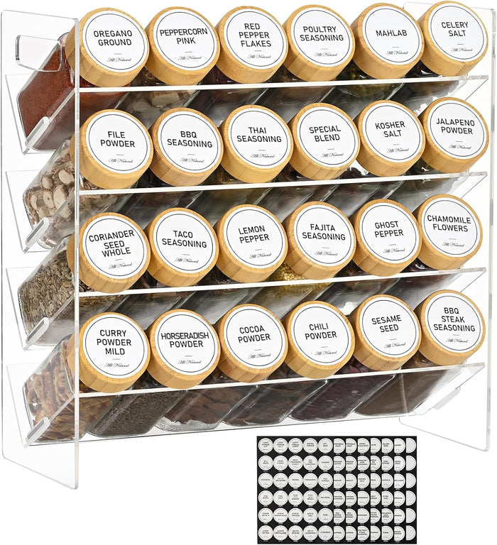 4-Tier Acrylic Spice Rack Organizer with 24 Glass Spice Jars and Wooden Lids, Clear Spice Shelf for Cabinet, Countertop, Pantry, Easy Assembly Seasoning Holder, Compact 11.6" W x 11.4" H