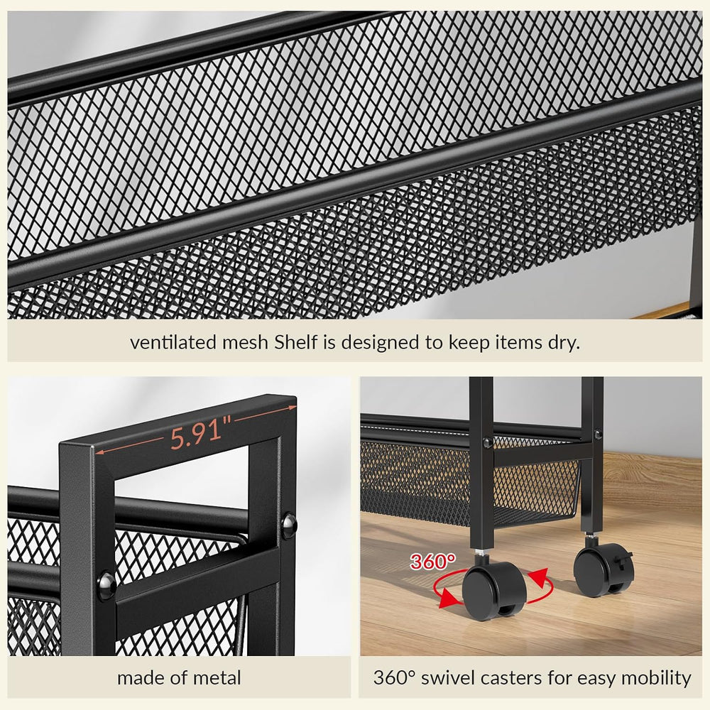 ThreeHio 6 Tier Slim Storage Cart, Narrow Cart with Wheels, Metal Mobile Shel...