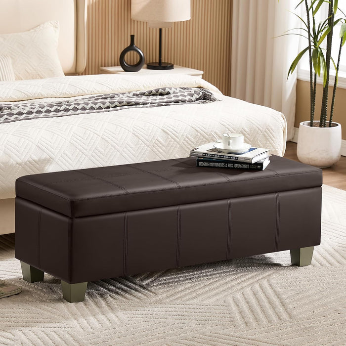 51" Faux Leather Storage Ottoman, Stitch Tufted Rectangle Upholstered End of