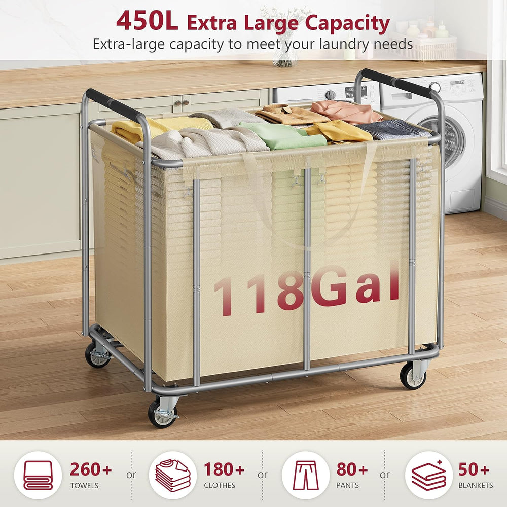 Tajsoon Large Laundry Cart with Wheels 450L, Large Laundry Basket, Kahki