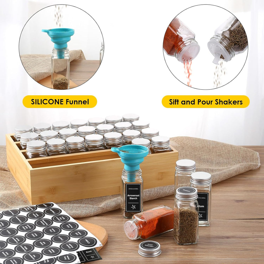 Bamboo Spice Rack Organizer With 28 Glass Spice Jars 4 oz, for Countertop