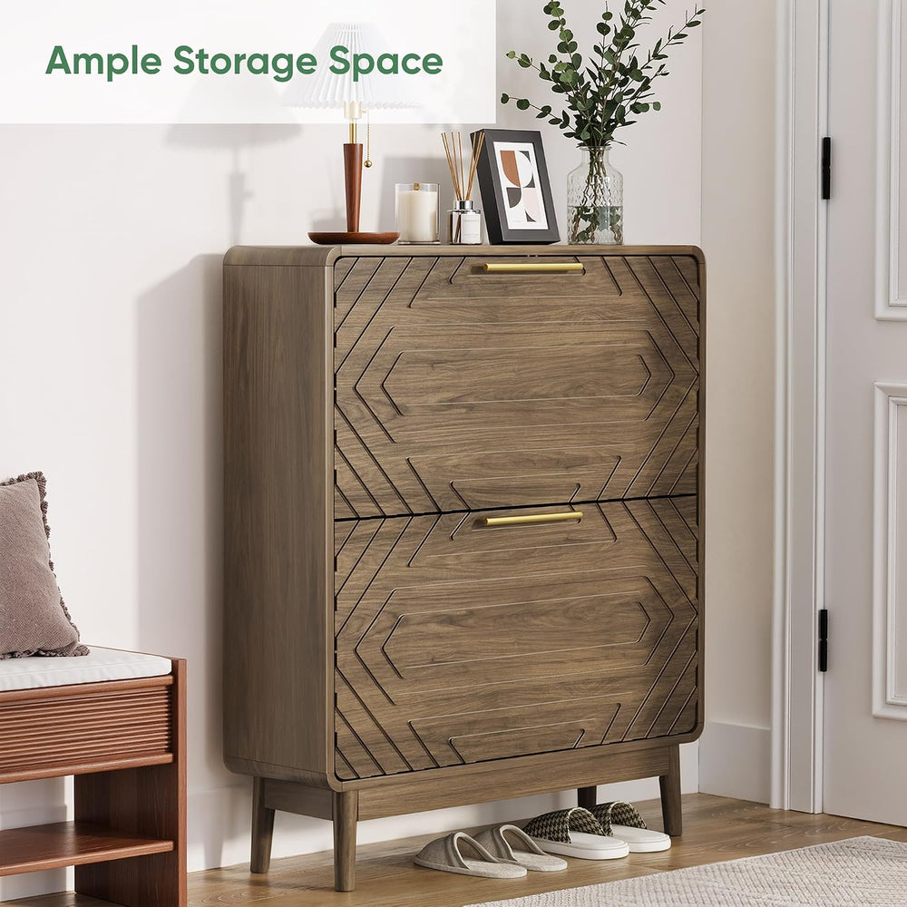 Shoe Storage Cabinet with Hand-Carved Raised Embossed 2 Flip Drawers,Narrow S...