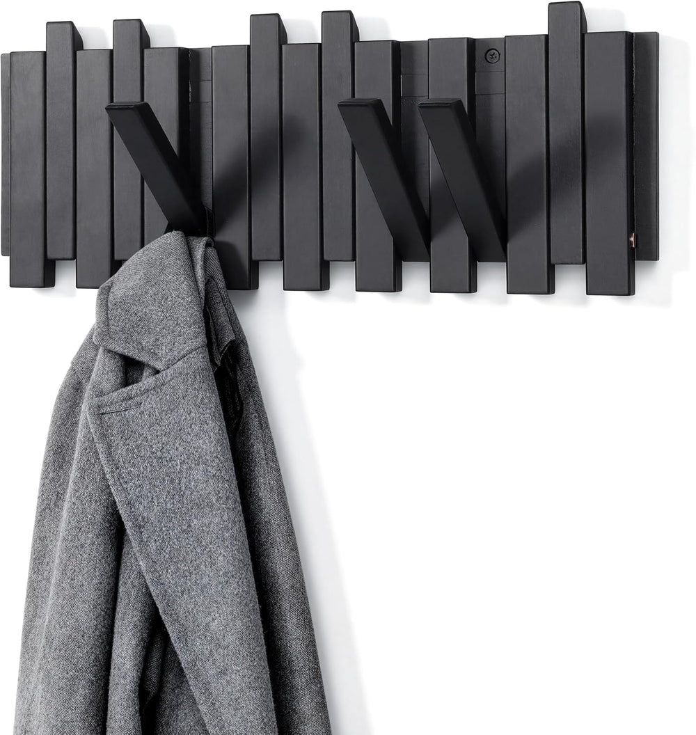 Wall Coat Rack for Entryway: Folding Wood 8 Hooks for Small Space