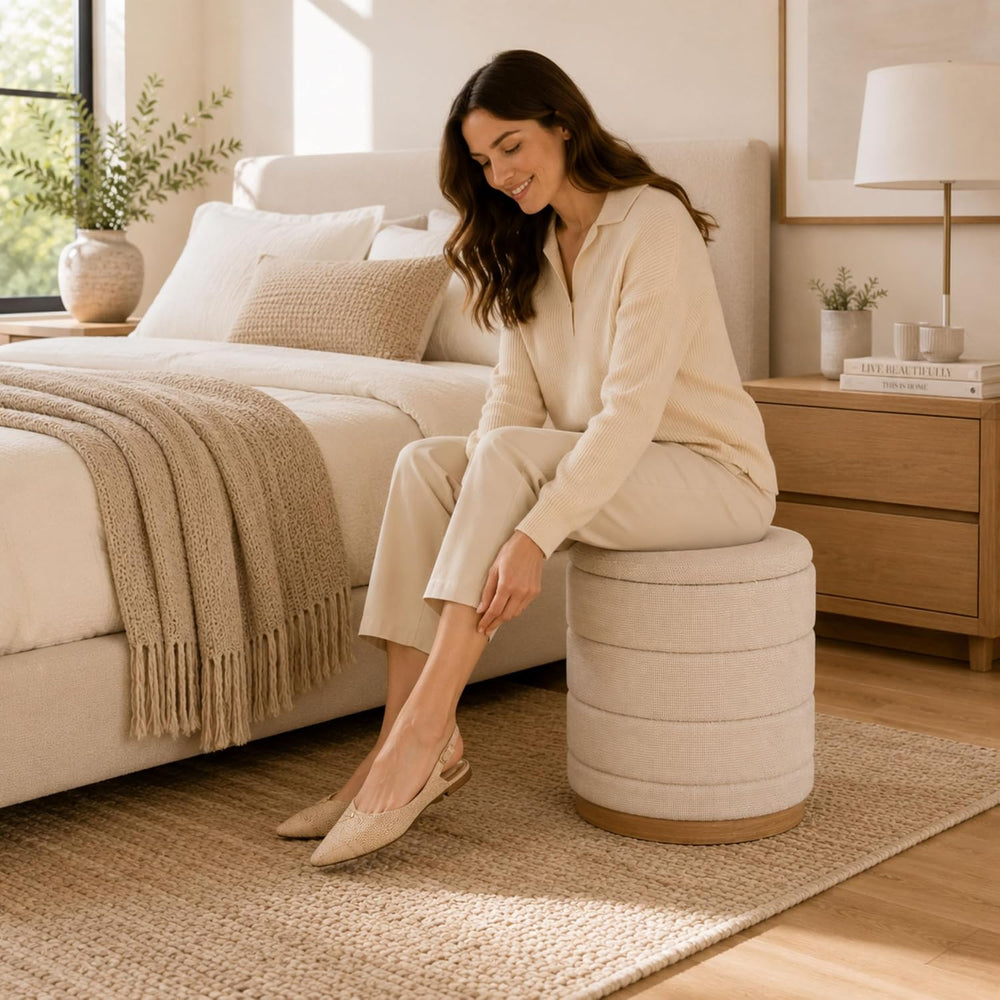 Linen Storage Ottoman Round Footrest with Hidden Storage, Biege 16" L X1...