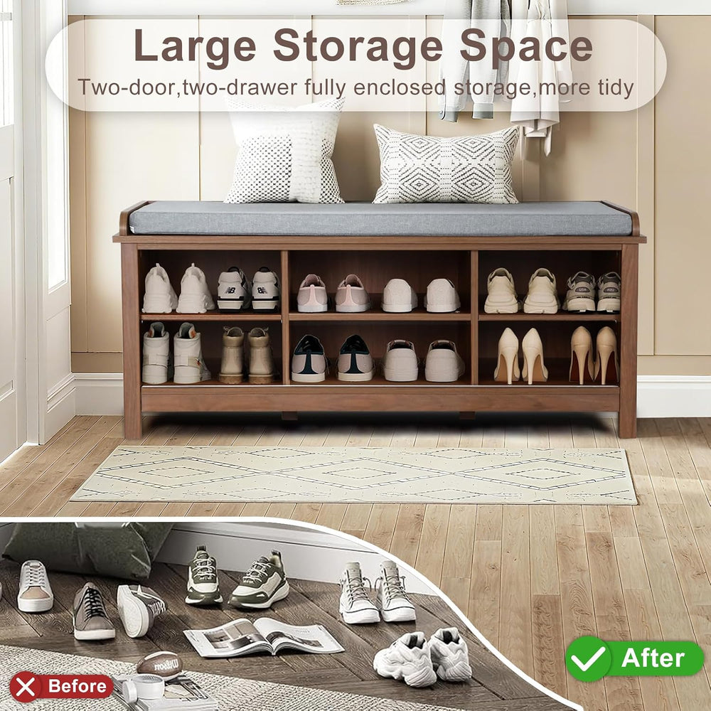 Shoe Storage Bench with Sliding Doors & Adjustable Shelves