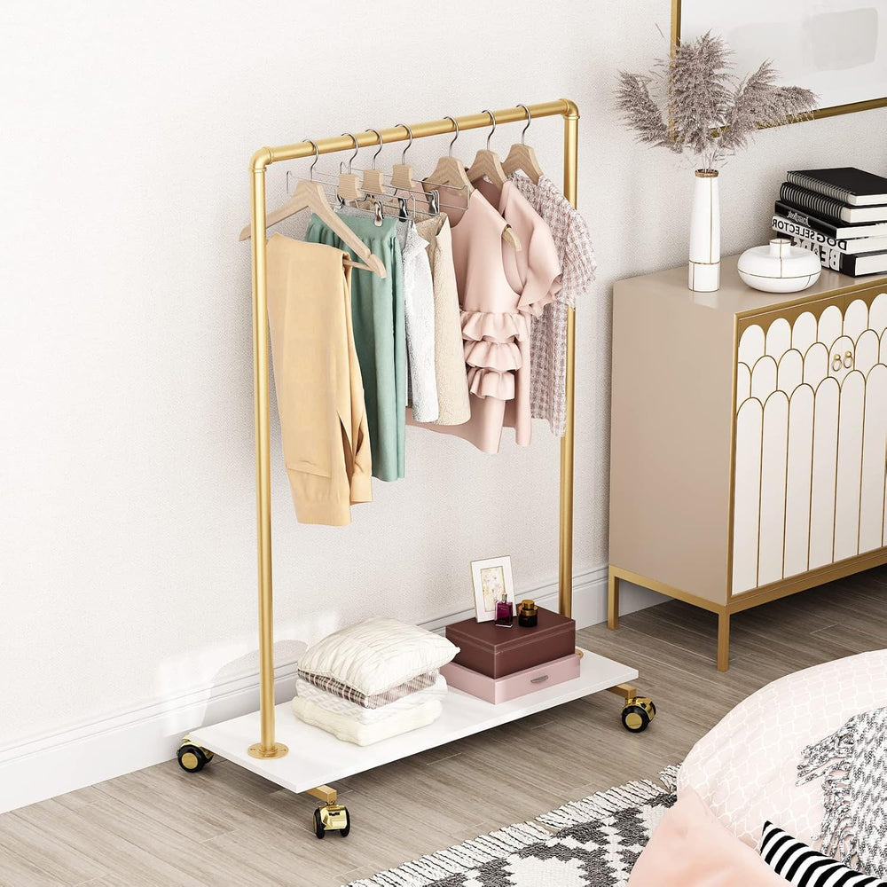 Gold Metal Clothing Rack with Wood Shelf, Heavy Duty Rolling Garment Rack wit...