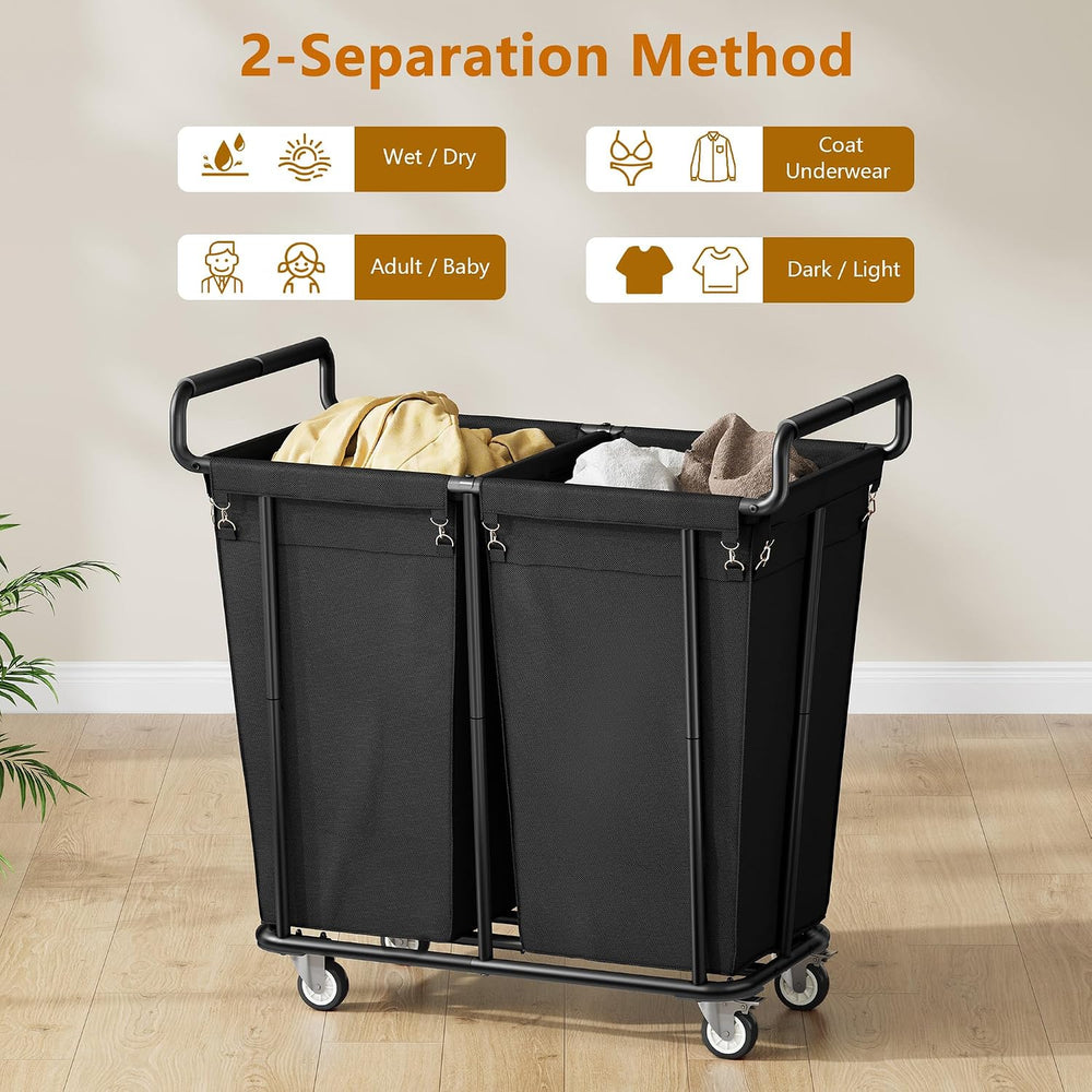 Gewudraw Heavy Duty Laundry Hamper with Wheels 2 Section, 360L, Black