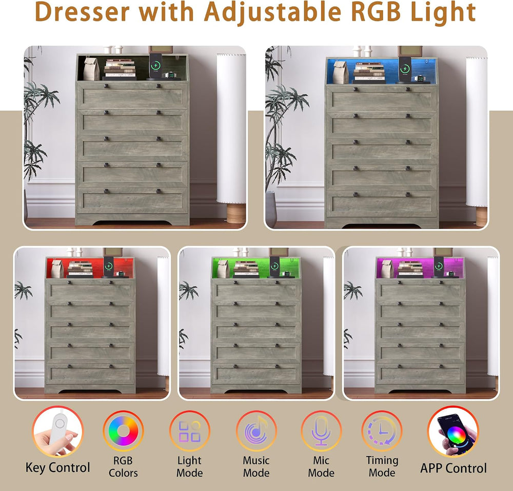 Wodeer Grey Dresser Tall 5 Drawer Dresser for Bedroom, Wood Chest of Drawers ...