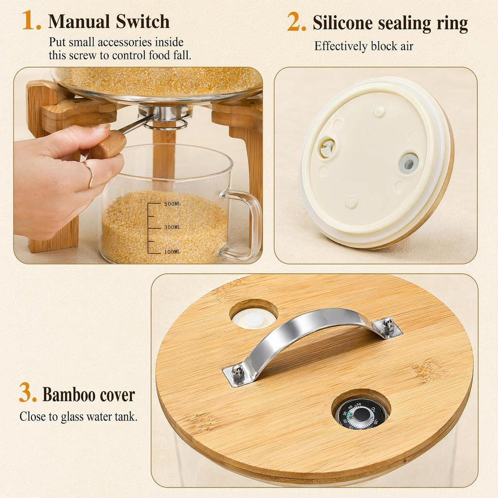 Goaste Glass Rice Dispenser with Bamboo Stand, 5L Flour Cereal Container with...