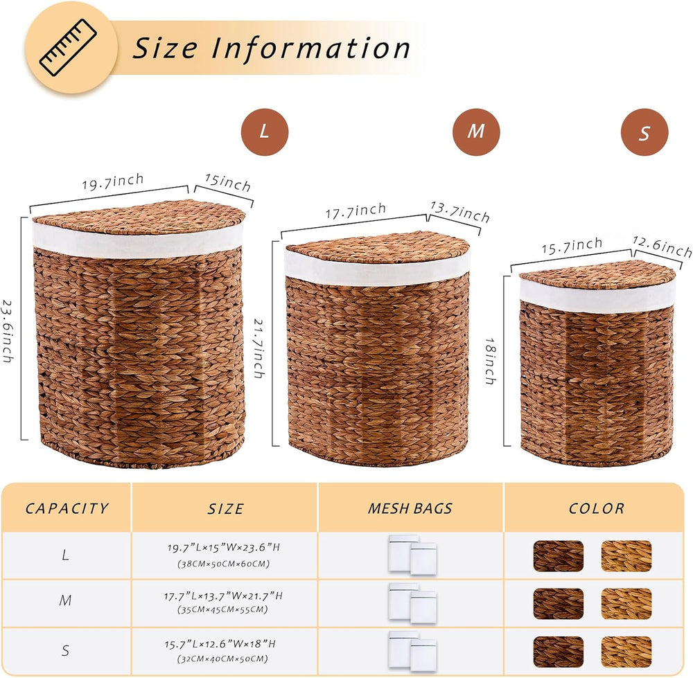 Water Hyacinth Laundry Hamper with lid, Half Moon Shape with 2 Removable Clot...