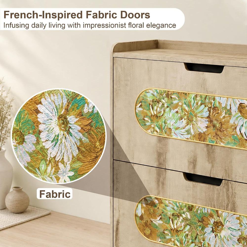 Shoe Cabinet with 3 Flip Drawers and Floral Fabric Panels, Light Oak