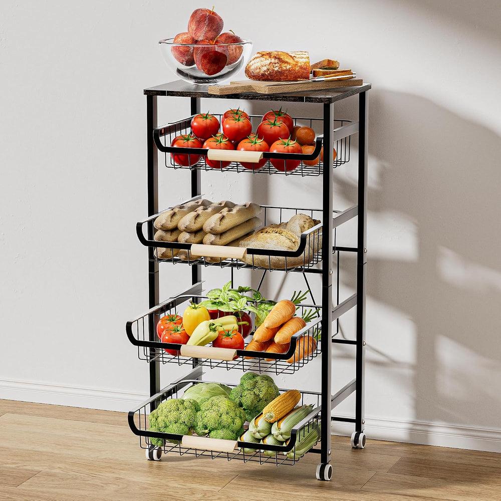 JAQ 5-Tier Fruit Vegetable Storage Cart with Wood Top, Rolling Kitchen Basket...