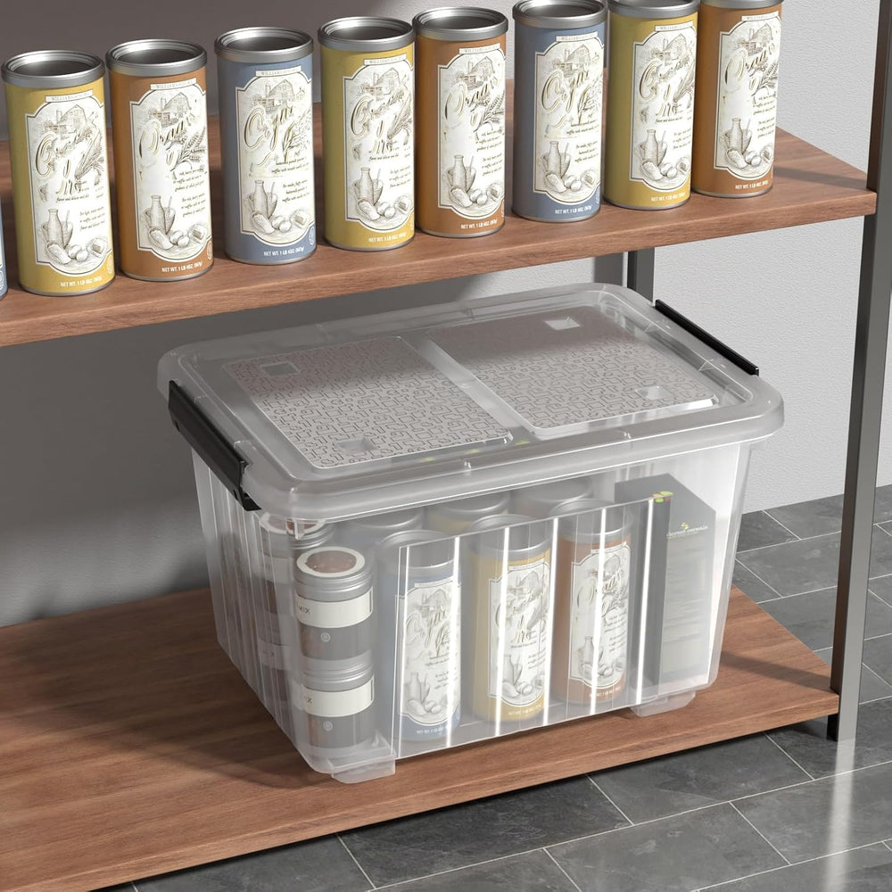 30 L Plastic Storage Bins with Wheels, Clear Latching Box, 4-Pack