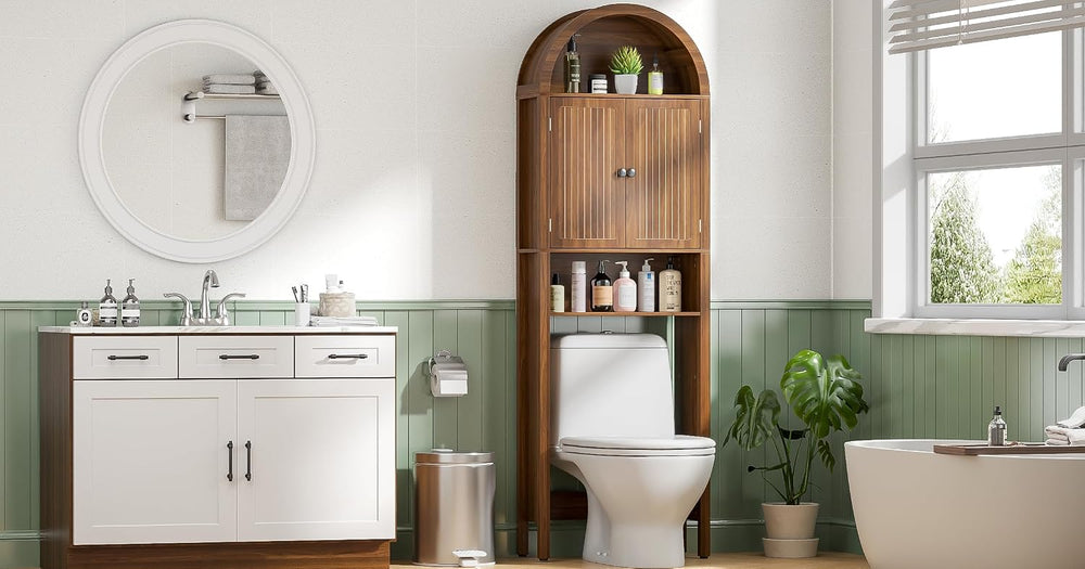 Arched Over The Toilet Storage Cabinet with Fluted Doors, Bathroom Shelf