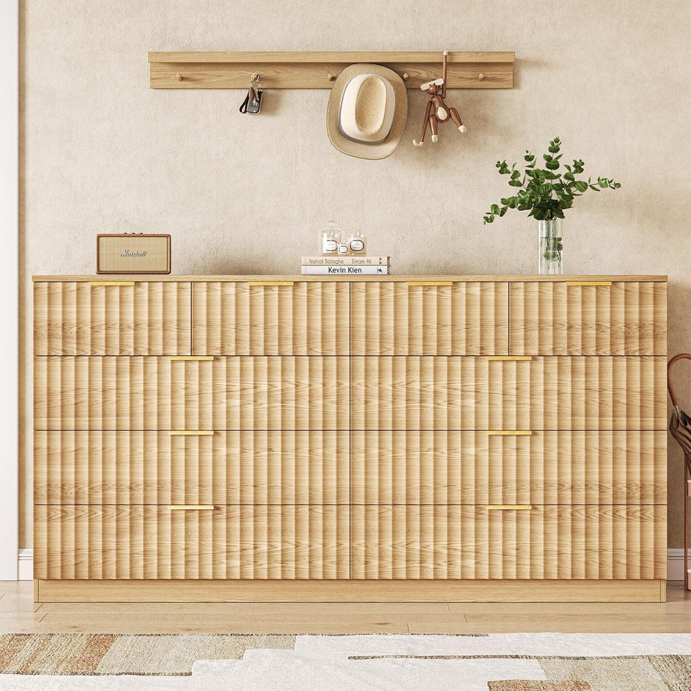 55.1" Wide Fluted 10 Drawer Dresser for Bedroom, Natural