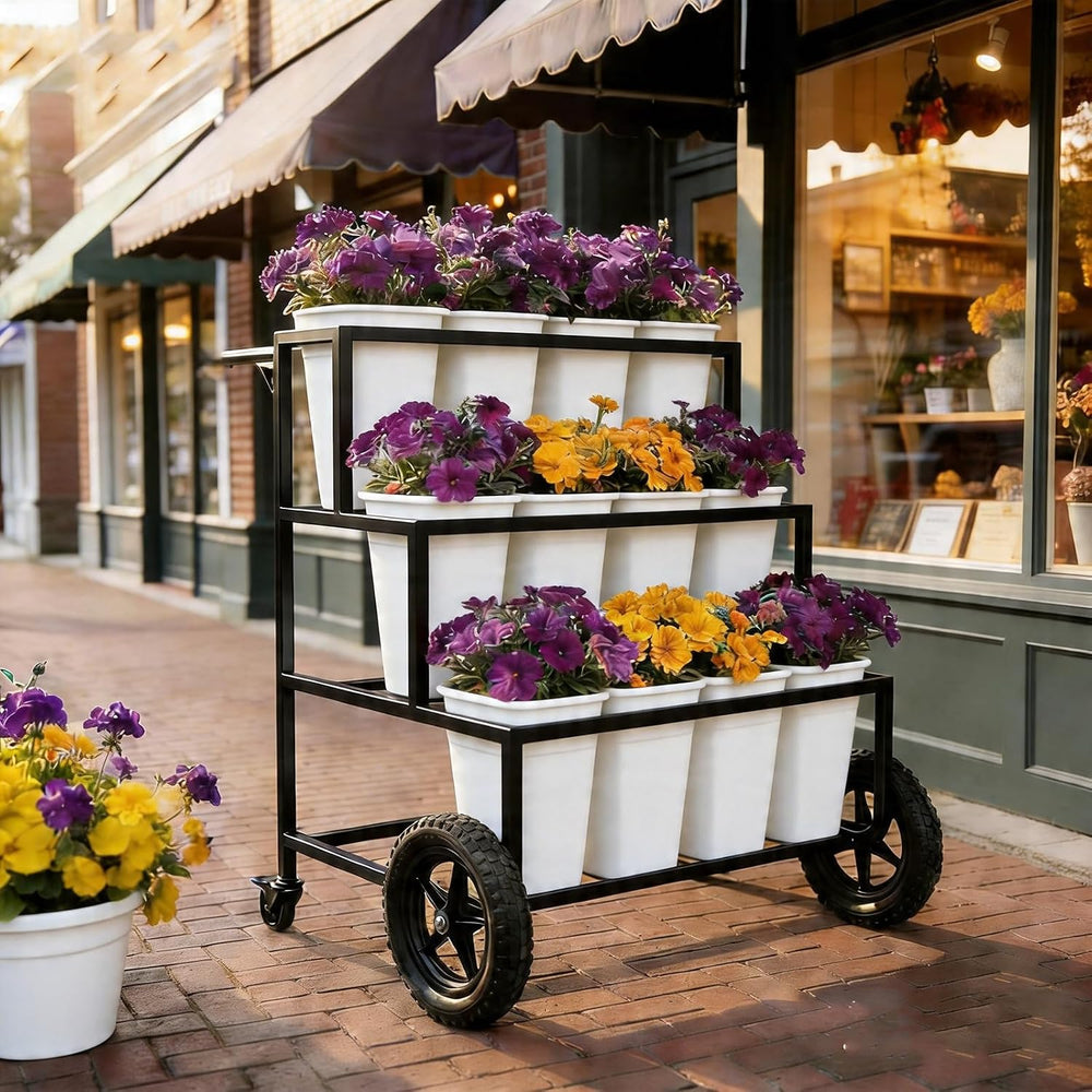 Black 3 Tier Metal Flower Cart Display Stand with Wheels, Mobile