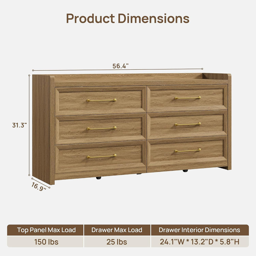 SICOTAS 6 Drawer Dresser for Bedroom-56.4" Extra-Wide Wood Chest of Drawers